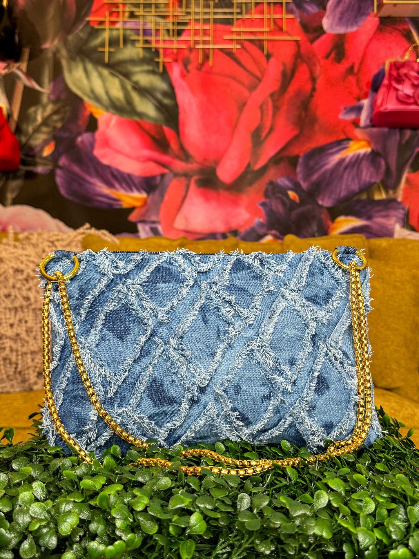 Denim crossbody clutch